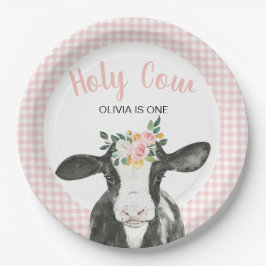 Plato De Papel Vaca Sagrada Cumpleaños Floral de Cuadros Rosa Uno