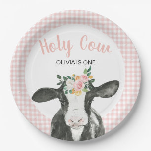 Plato De Papel Vaca Sagrada Cumpleaños Floral de Cuadros Rosa Uno