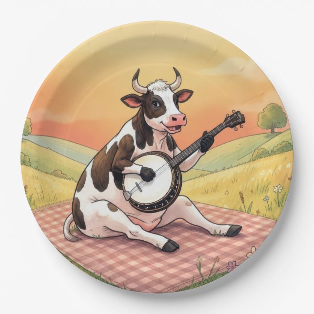 Plato De Papel Vaca tocando un banjo en una manta (Anverso)