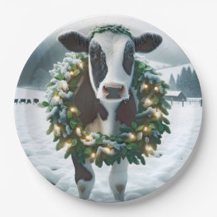 Plato De Papel Vaca vistiendo una corona de Navidad