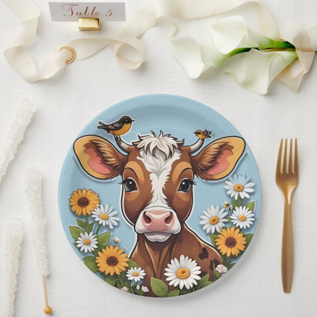 Plato De Papel Vaca y pájaros con flores (Boda)