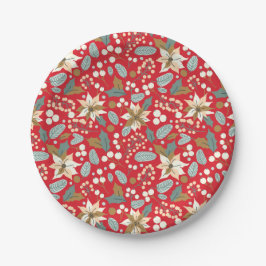 Plato De Papel Vacaciones de invierno de fondo rojo de Poinsettia