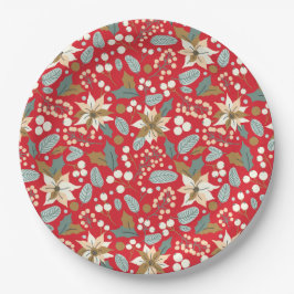 Plato De Papel Vacaciones de invierno de fondo rojo de Poinsettia