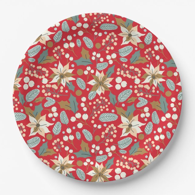 Plato De Papel Vacaciones de invierno de fondo rojo de Poinsettia (Anverso)