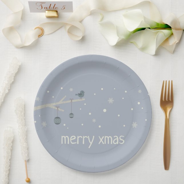 Plato De Papel Vacaciones de invierno personalizado de pájaro azu (Boda)