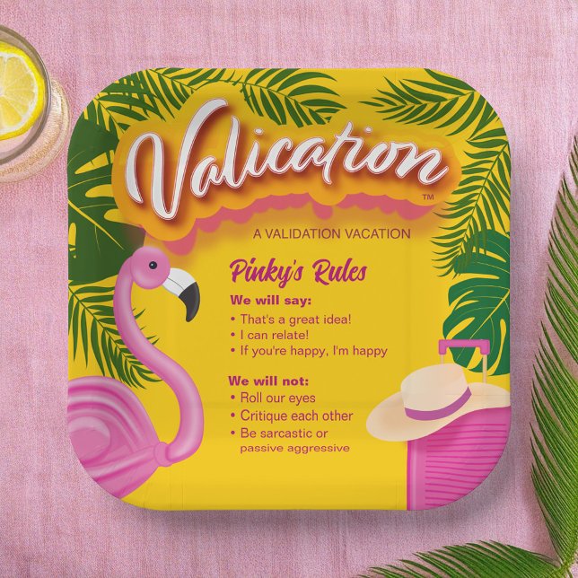 Plato De Papel Vacaciones de validación inestables (Make an inspiring tablescape with this pink flamingo (PINKY) with handy reminders to be positive.)