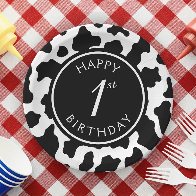 Plato De Papel Vacas blancas y negras Imprimir Vaquero Primer Cum (cow print first birthday paper plates)