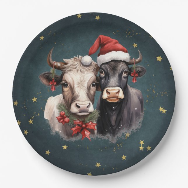 Plato De Papel Vacas de Navidades cortos (Anverso)