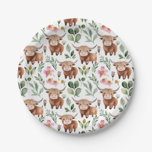 Plato De Papel Vacas y flores rosadas de las tierras altas cúpula (Anverso)