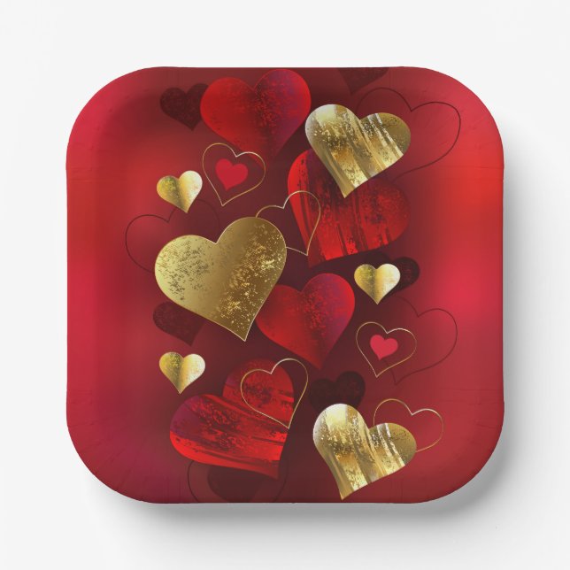 Plato De Papel Valentinas doradas y rojas (Anverso)