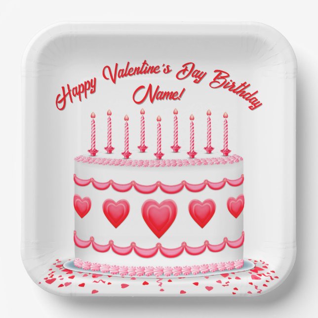 Plato De Papel Valentine's Day Birthday Cake Customizable Candles (Anverso)