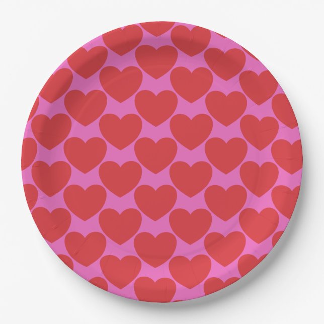 Plato De Papel Valentine's Day Pink and Red Heart Pattern Party (Anverso)