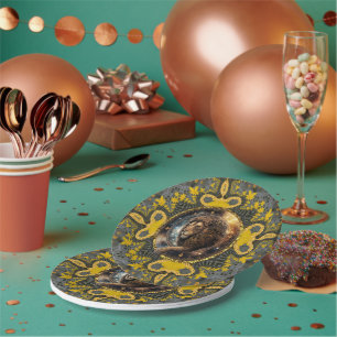 Plato De Papel Valiente Leo Zodiac Gold Yellow Fractal Mandala