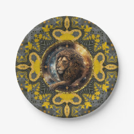 Plato De Papel Valiente Leo Zodiac Gold Yellow Fractal Mandala