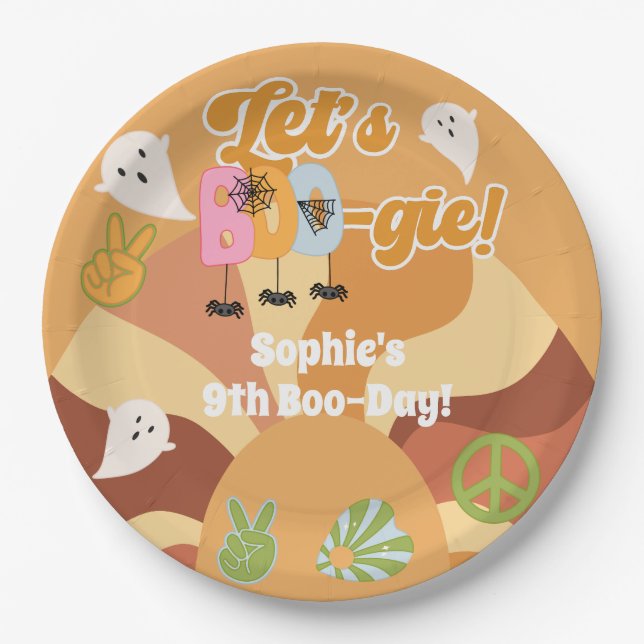 Plato De Papel Vamos a boo-gie halloween retro niños cumpleaños (Anverso)