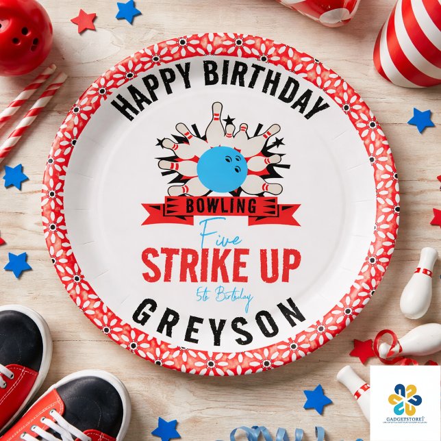 Plato De Papel ¡Vamos a Bowling! Fiesta de Cumpleaños Divertida p (Let’s Bowl! Fun Kids 5th Birthday Party Bowling Paper Plates)