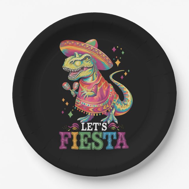 Plato De Papel Vamos a Fiesta Cinco De Mayo T Rex Dinosaurio (Anverso)