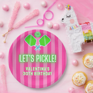 Plato De Papel Vamos a Pickle Fiesta de Pickleball Rosa y Verde L