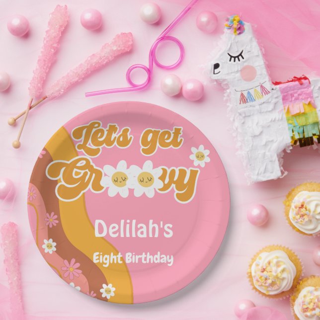 Plato De Papel Vamos a tener un cumpleaños retro groovy (Fiesta)