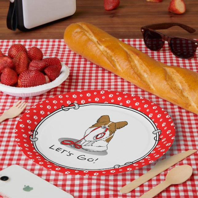 Plato De Papel ¡Vamos! (paseo) Papillon (blanco y rojo) Perro Cut (Picnic)