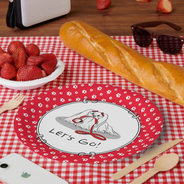 Plato De Papel ¡Vamos! (paseo) Perro maltés con mancha roja (Picnic)