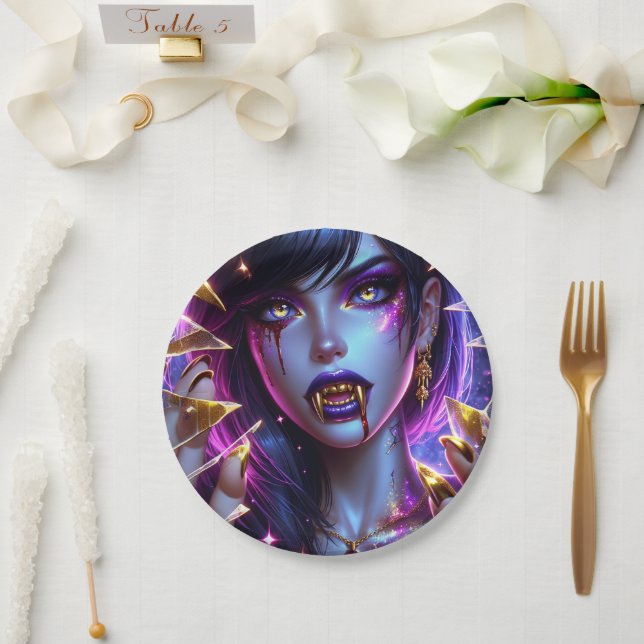 Plato De Papel Vampiro con ojos de oro y dientes Halloween (Boda)