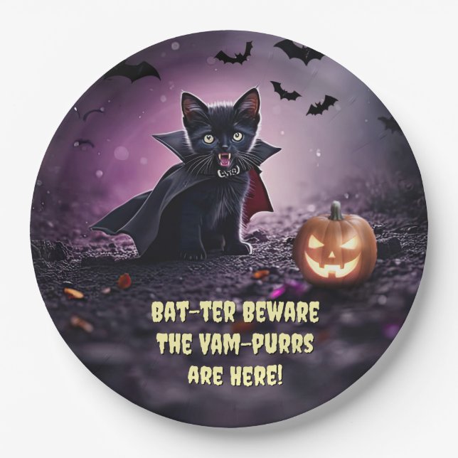 Plato De Papel Vampiro de Halloween Gatos de Kitten Negro (Anverso)