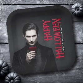 Plato De Papel Vampiro guapo bebiendo sangre Feliz Halloween