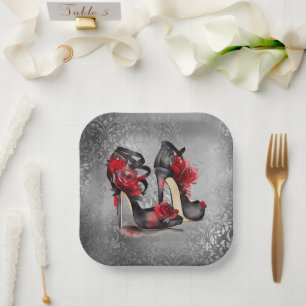 Plato De Papel Vampy Strappy Stilettos Rojo de tacones de rosa