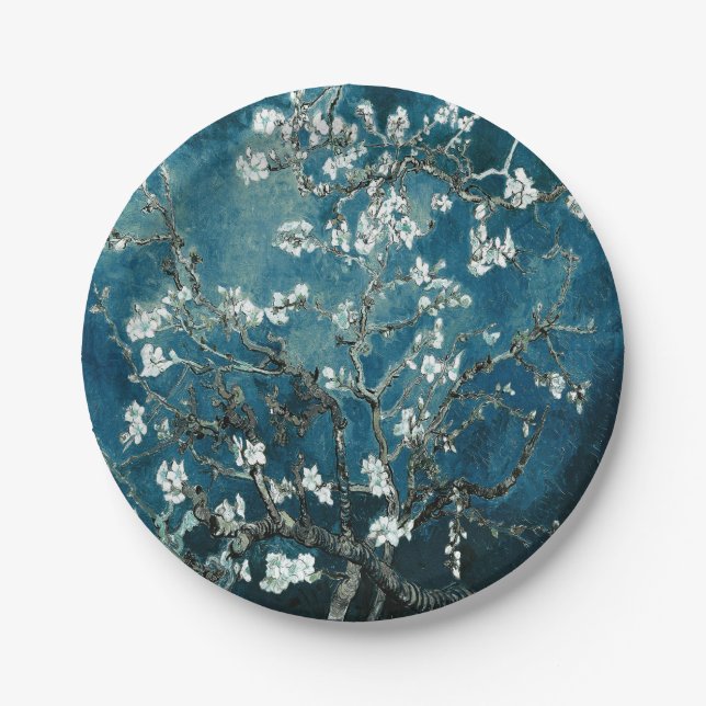 Plato De Papel Van Gogh Almond Blossoms Oscuro Verde azulado (Anverso)