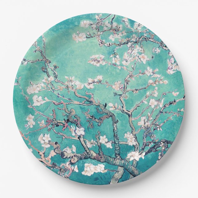 Plato De Papel Van Gogh Almond Flores Turquoise (Anverso)