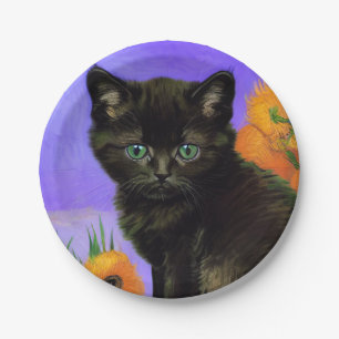 Plato De Papel Van Gogh Black Kitten con girasoles