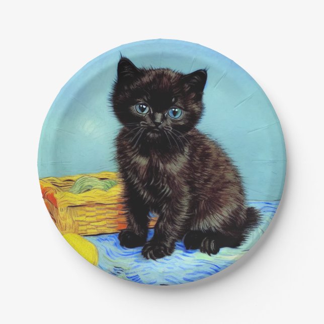 Plato De Papel Van Gogh Black Kitten con yarn (Anverso)