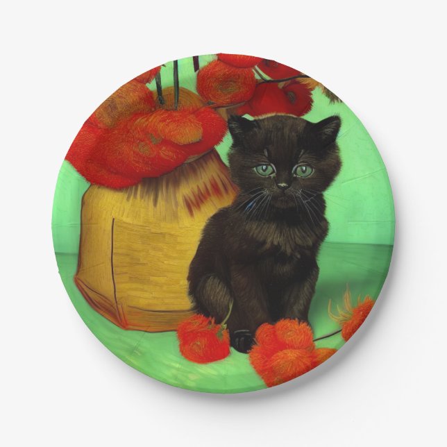 Plato De Papel Van Gogh Black Kitten Red Flowers (Anverso)