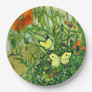 Plato De Papel Van Gogh - Mariposas y Amapolas