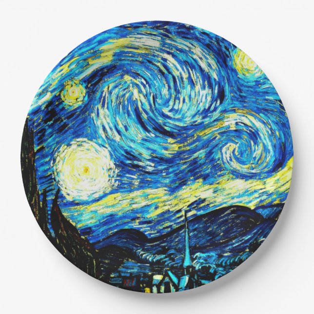 Plato De Papel Van Gogh - Noche estrellada, pintura famosa (Anverso)