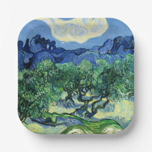 Plato De Papel Van Gogh - Olivos con fondo de Alpilles