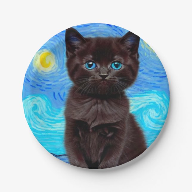 Plato De Papel Van Gogh Starry Night Black Cat (Anverso)