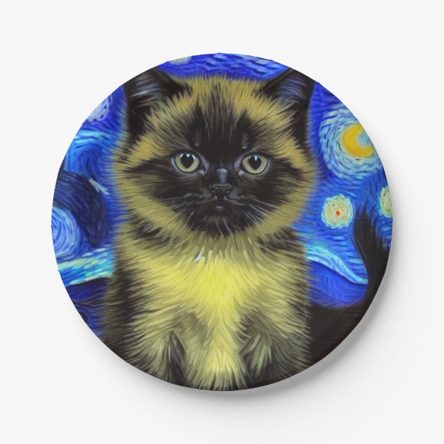 Plato De Papel Van Gogh Starry Night Siamese Cat (Anverso)