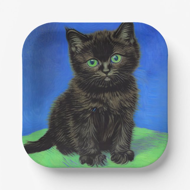 Plato De Papel Van Gogh Style Black Kitten (Anverso)