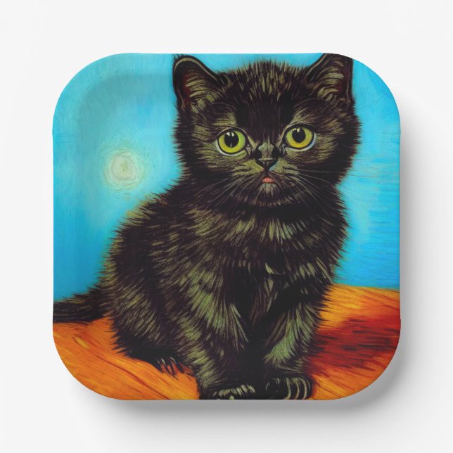 Plato De Papel Van Gogh Style Pouting Kitten (Anverso)