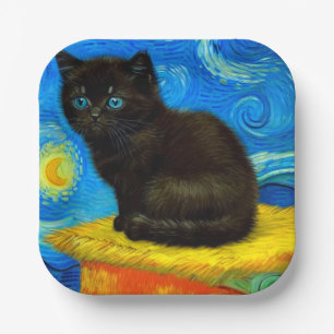 Plato De Papel Van Gogh Style Starry Night Cat