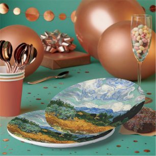 Plato De Papel Van Gogh - Wheatfield con un árbol ciprés