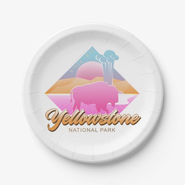 PLATO DE PAPEL VAPORWAVE DEL PARQUE NACIONAL RETRO 80 DE YELLOWST (Anverso)