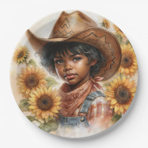 Plato De Papel Vaquera de girasoles Niña negra Acuarela