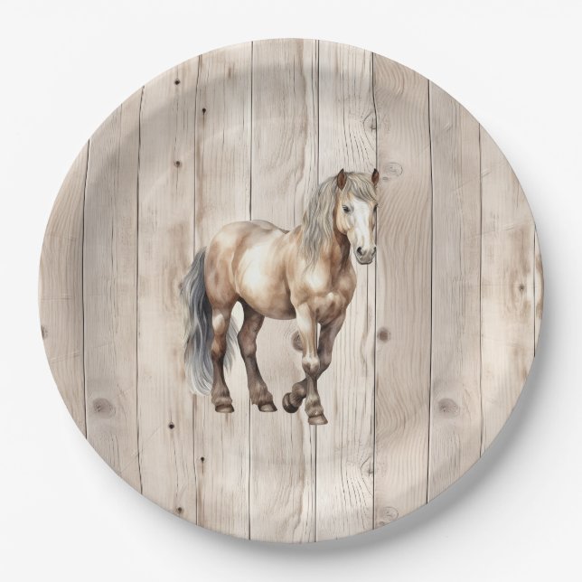 Plato De Papel Vaquera Occidental Caballo Madera Falsa (Anverso)