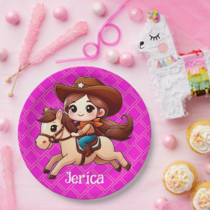 Plato De Papel Vaquera y caballo rosa occidental