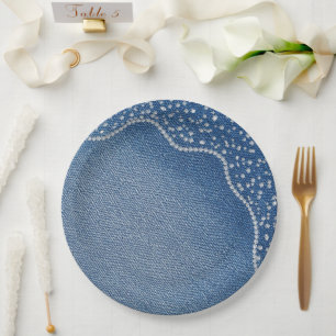 Plato De Papel Vaqueros de mezclilla azul con diamantes 