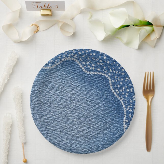 Plato De Papel Vaqueros de mezclilla azul con diamantes  (Boda)