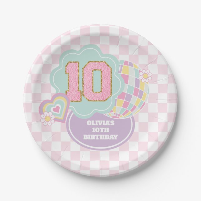 Plato De Papel Varsity preppy parche pastel 10 cumpleaños (Anverso)
